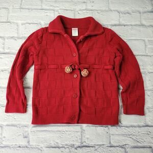Gymboree Girl's Red Basketweave Button Front Sweater Holiday Pom Poms sz Small